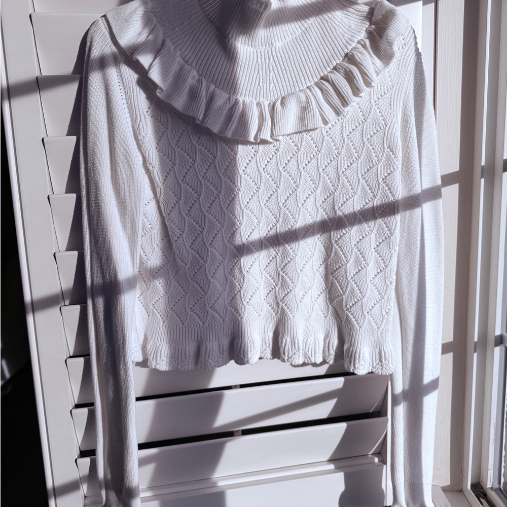 French Connection White Ruffled Turtleneck Sweater